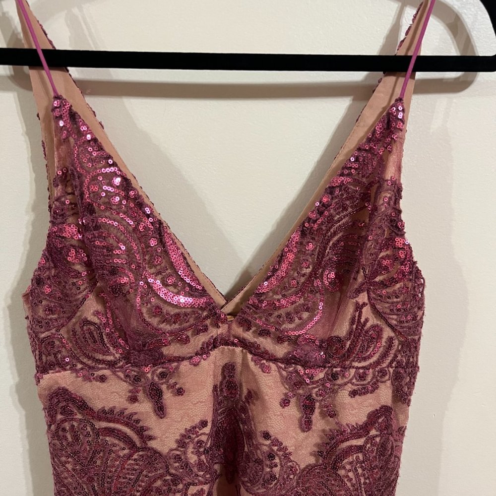 Free People Night Shimmer Mini Dress Size 2 Pink Nude Sequin V Neck Party - Picture 4 of 14